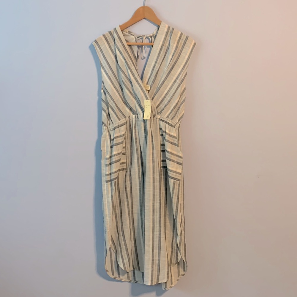 Japna light weight cotton wrap dress size large blue stripes gray pockets